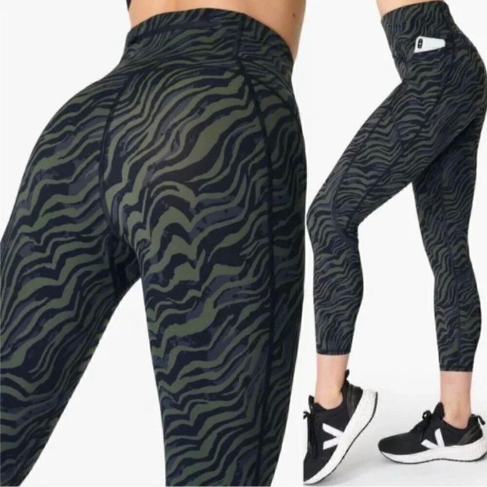 Sweaty Betty Zero Gravity Pocket 7/8 Running Leggings In Green Zebra Print